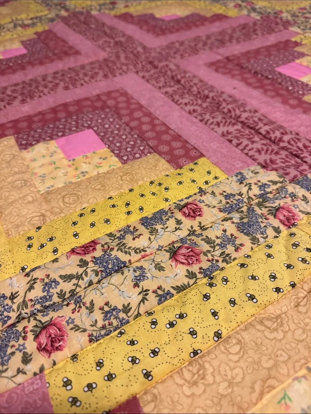 Handmade Pink and Yellow Patchwork Quilt - Home Bedding Queen Size